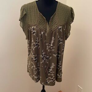 Daniel Rainn, Short Sleeve, Flutter Sleeve Tassel Knit Top, Olive, XL
